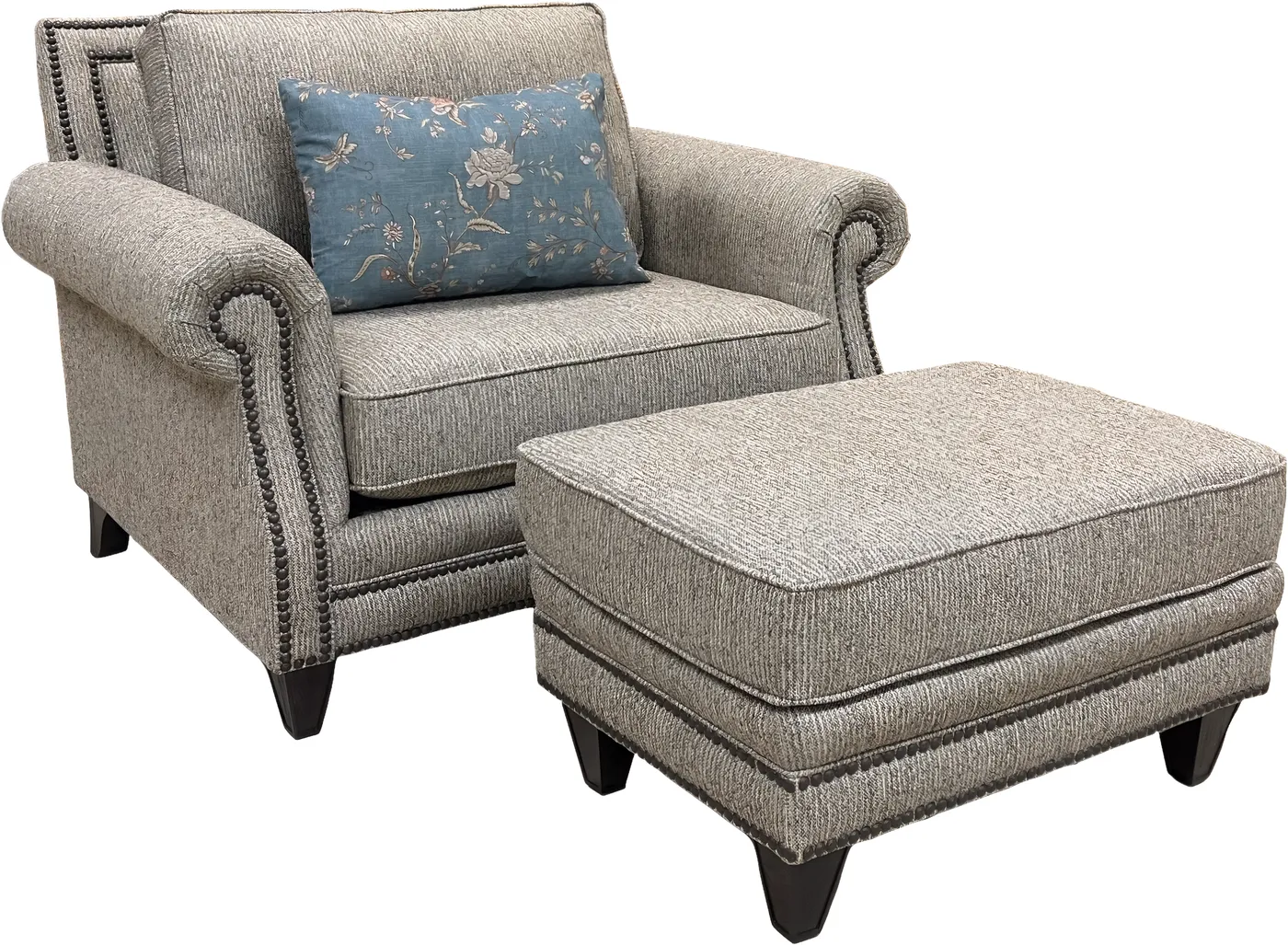 Chair and Ottoman in Donegal Tweed Cocoa fabric